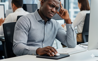 An AI-generated image of a person sad in a work place