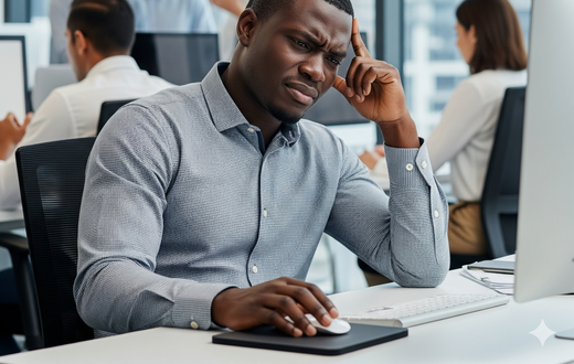 An AI-generated image of a person sad in a work place