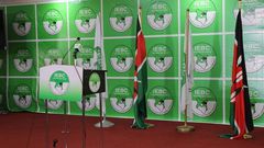 File image of a podium by the IEBC in readiness for a presser at Bomas of Kenya