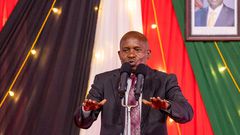 Deputy President Kithure Kindiki speaking during a meeting where he hosted Embu county residents at his official residence in Karen on January 17, 2025.