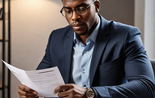 An AI-generated image of a man reading an employment contract