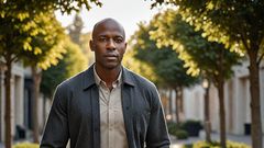 An AI-generated image of a bald black man walking outside
