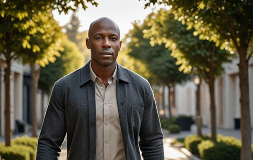An AI-generated image of a bald black man walking outside