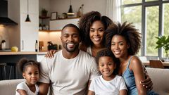 An AI-generated image of a man and woman with their children in modern house (Hotpot.ai)