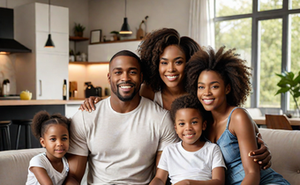 An AI-generated image of a man and woman with their children in modern house (Hotpot.ai)