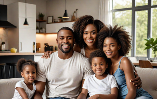 An AI-generated image of a man and woman with their children in modern house (Hotpot.ai)