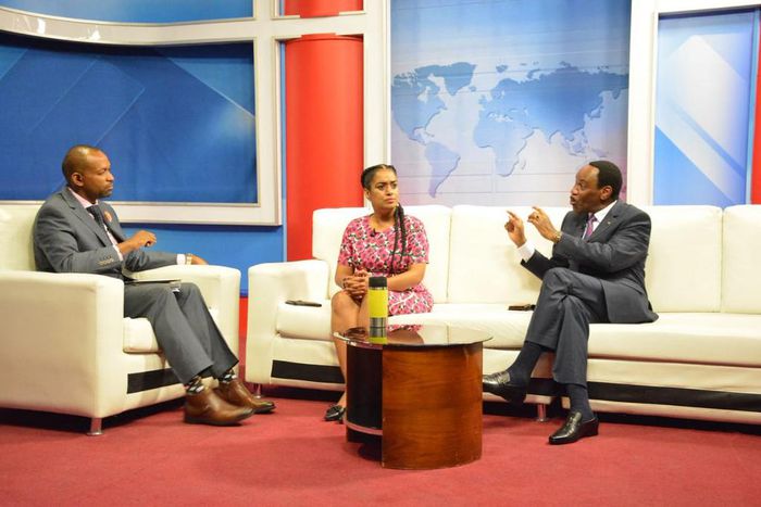 Nairobi Woman Rep Esther Passaris with KFCB CEO Ezekiel Mutua during an interview on KTN (Twitter)