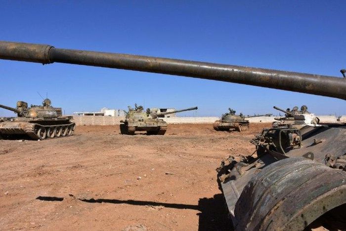 Syrian army tanks are positioned on the eastern outskirts of the northern Syrian city of Aleppo on February 17, 2017