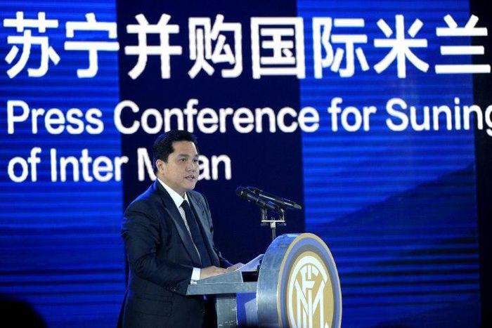 Erick Thohir, President of Inter Milan delivers a speech during a press conference for Suning's Acquisition of Inter Milan, in Nanjing, east China's Jiangsu province, in June 2016