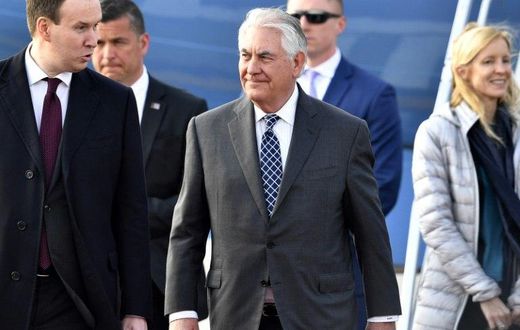US Secretary of State Rex Tillerson (C) walks upon his arrival at the Vnukovo II Government airport in Moscow on April 11, 2017