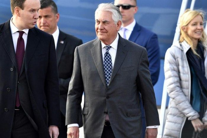 US Secretary of State Rex Tillerson (C) walks upon his arrival at the Vnukovo II Government airport in Moscow on April 11, 2017