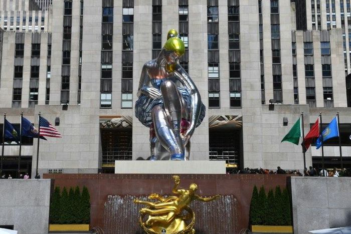 The public art exhibition of a 45-foot tall inflatable nylon sculpture depicting a seated ballerina from artist Jeff Koons' Antiquity series titled "Seated Ballerina " is unveiled on May 12, 2017 at Rockefeller Center in New York