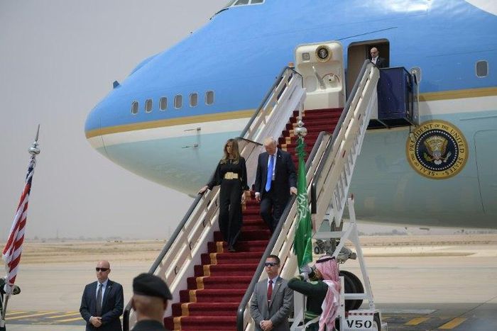 US President Donald Trump and First Lady Melania Trump step off Air Force One upon arrival at King Khalid International Airport in Riyadh on May 20, 2017