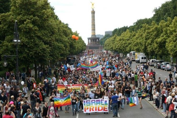 Gay parade in front of the Siegesaeule, or Victory Column, in Berlin on June 27, 2015