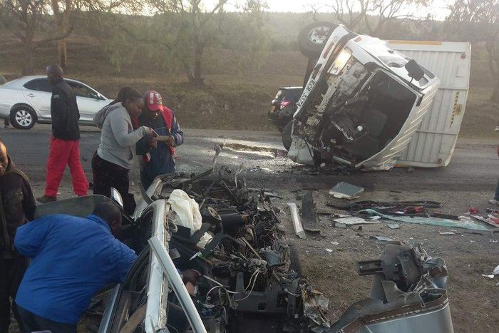 Accident involving a Subaru Forester and a lorry at Naivasha (Twitter)