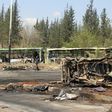 A picture taken on April 16, 2017, shows the damage a day after a suicide car bombing in Rashidin targeted buses carrying Syrians evacuated from the besieged government-held towns of Fuaa and Kafraya