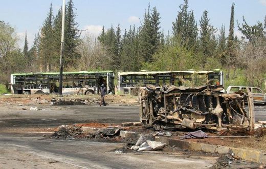 A picture taken on April 16, 2017, shows the damage a day after a suicide car bombing in Rashidin targeted buses carrying Syrians evacuated from the besieged government-held towns of Fuaa and Kafraya