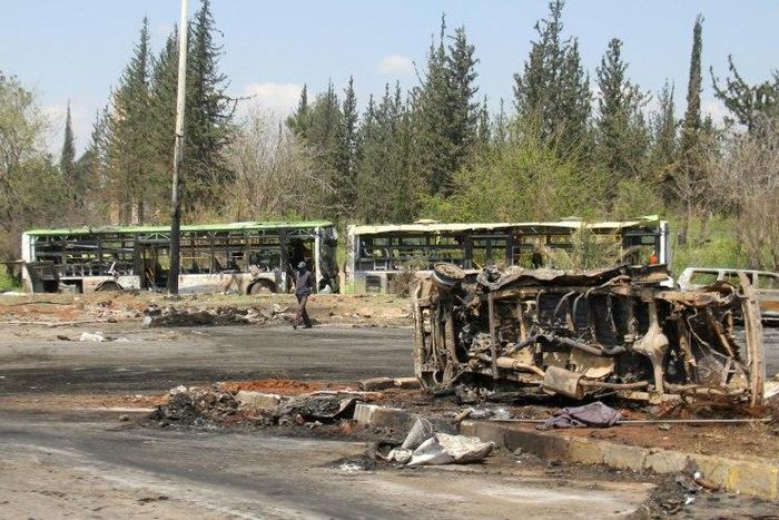 A picture taken on April 16, 2017, shows the damage a day after a suicide car bombing in Rashidin targeted buses carrying Syrians evacuated from the besieged government-held towns of Fuaa and Kafraya