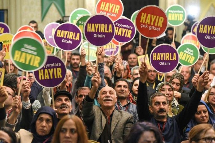 Turkish supporters of the Peoples' Democratic Party (HDP) launch the party's campaign for a "No" vote in April's referendum, during a rally in Istanbul, on March 2, 2017
