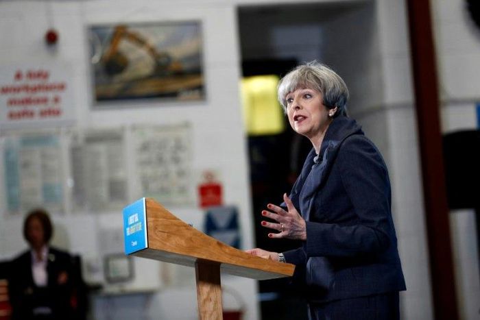 Britain's Prime Minister Theresa May speaks at an election campaign event in northeast England