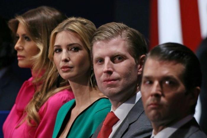 Family members of Republican presidential nominee Donald Trump, (from L-R) wife Melania Trump, daughter Ivanka Trump, and sons Eric Trump and Donald Trump Jr., pictured on October 9, 2016