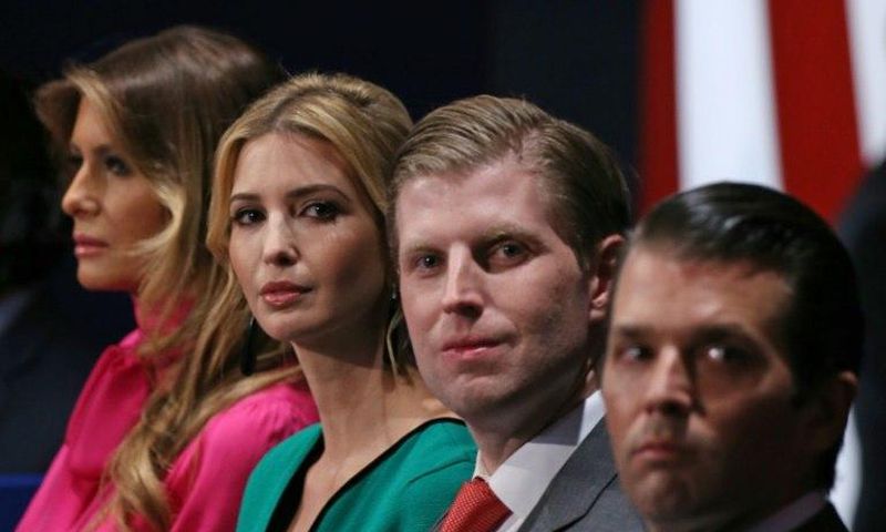 Family members of Republican presidential nominee Donald Trump, (from L-R) wife Melania Trump, daughter Ivanka Trump, and sons Eric Trump and Donald Trump Jr., pictured on October 9, 2016