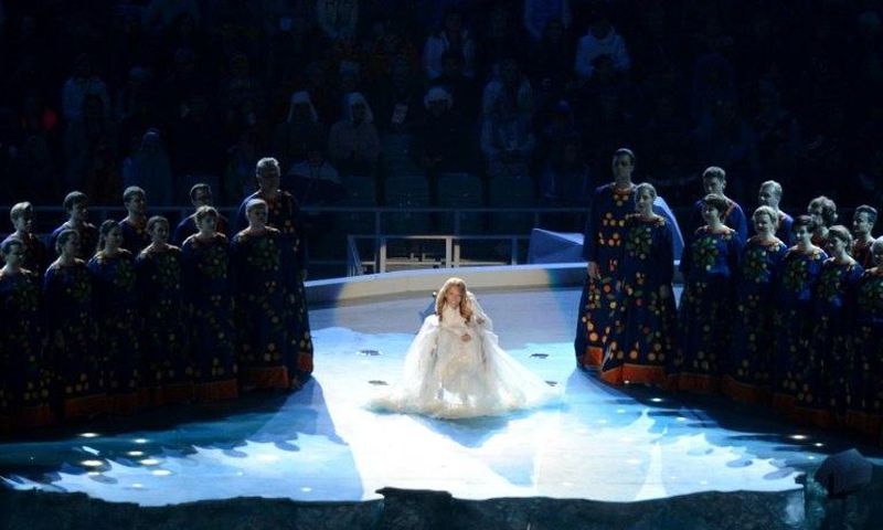 Singer Yuliya Samoilova performing in the Fisht Olympic Stadium during the opening ceremony of the 2014 Winter Paralympic Games in the Black Sea resort of Sochi on March 7, 2014