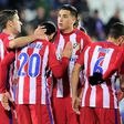 Atletico Madrid's players celebrate after defender Juanfran scored their team's second goal during the Spanish Copa del Rey quarter final second leg football match against SD Eibar January 25, 2017