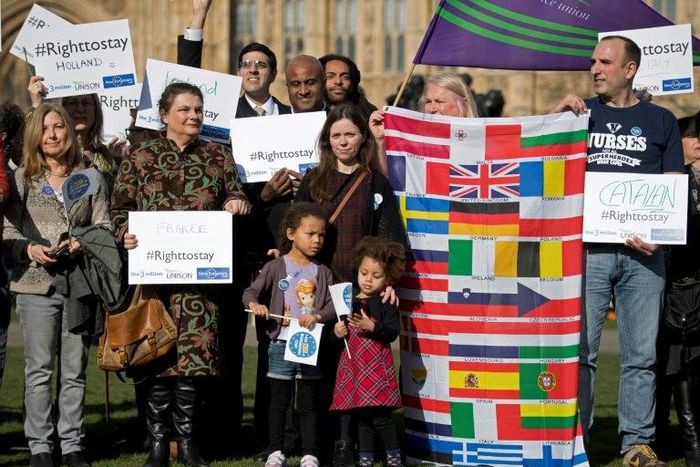 European workers including nurses, social workers and teaching assistants demonstrate against Brexit outside the Houses of Parliament in London