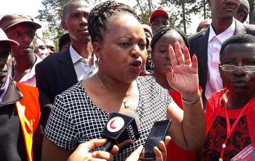Kirinyaga gubernatorial aspirant Anne Waiguru protests over lack of enough ballot papers, at Kiamugumo Primary School in Gichugu constituency on April 22, 2017.