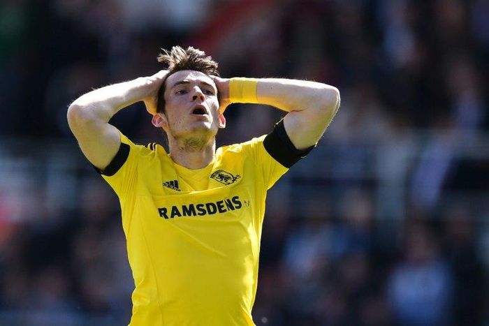 Middlesbrough's Marten de Roon reacts after missing a shot on goal during their English Premier League football match against Bournemouth on April 22, 2017