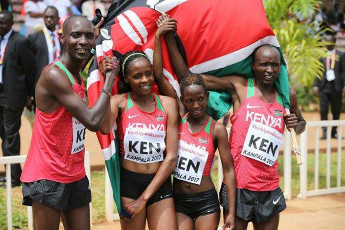 Kenya's victorious mixed relay team from left: Asbel Kiprop, Beatrice Chepkoech, Winnie Mbithe and Bernard Koros on March 26, 2017.