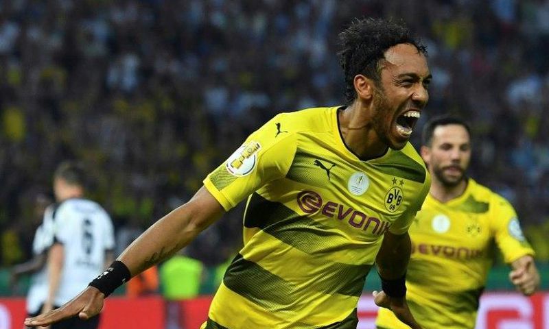 Dortmund's Pierre-Emerick Aubameyang celebrates scoring a penalty against Eintracht Frankfurt during their German Cup final at the Olympic stadium in Berlin on May 27, 2017