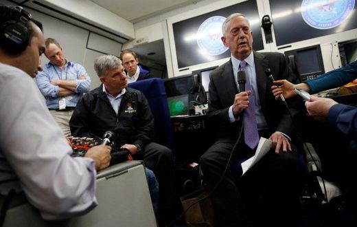 US Defence Secretary Jim Mattis briefs reporters en route to Riyadh on April 18, 2017, at the start of a Middle East tour