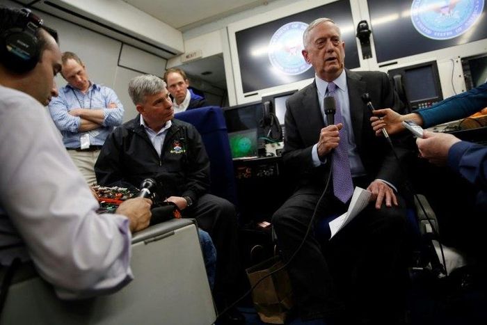 US Defence Secretary Jim Mattis briefs reporters en route to Riyadh on April 18, 2017, at the start of a Middle East tour