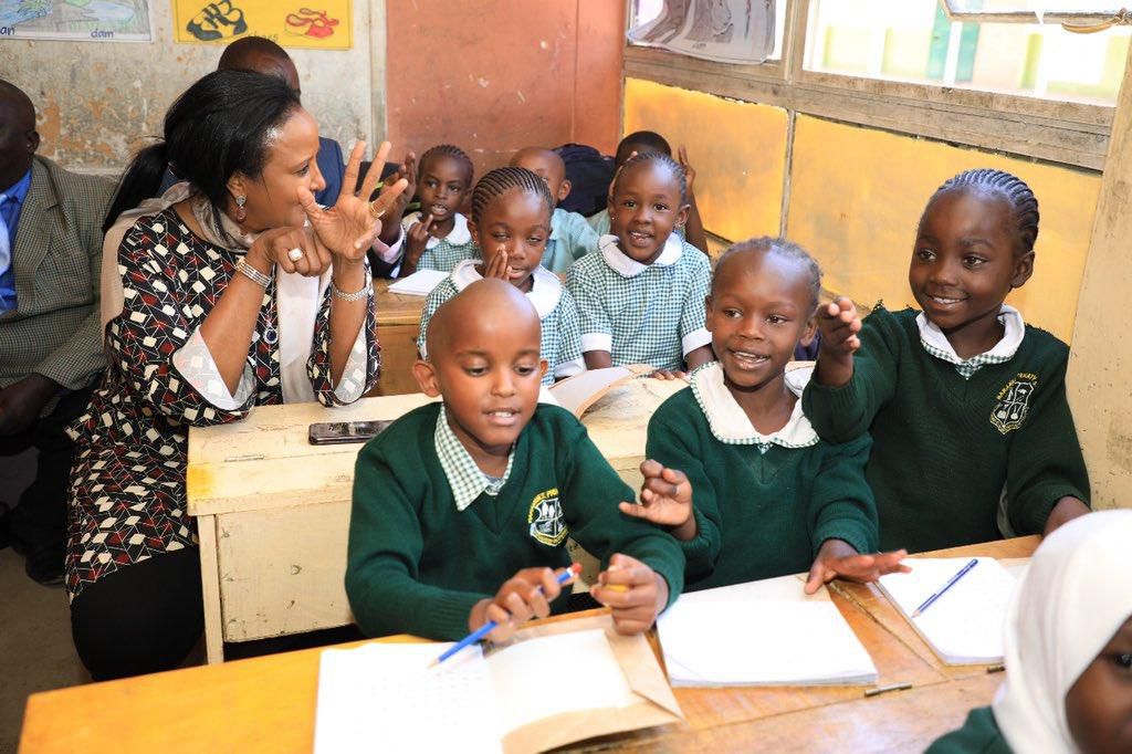 Education CS Amina Mohamed during a lesson at Harambee Primary School