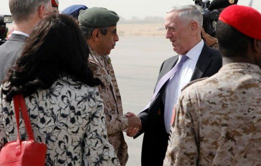 Saudi General Abdul Rahman Al Banyan welcomes US Defense Secretary James Mattis on his arrival in Riyadh on April 18, 2017 at the start of a visit seeking to reinvigorate the US alliance with Saudi Arabia, with both seeing a common adversary in Iran