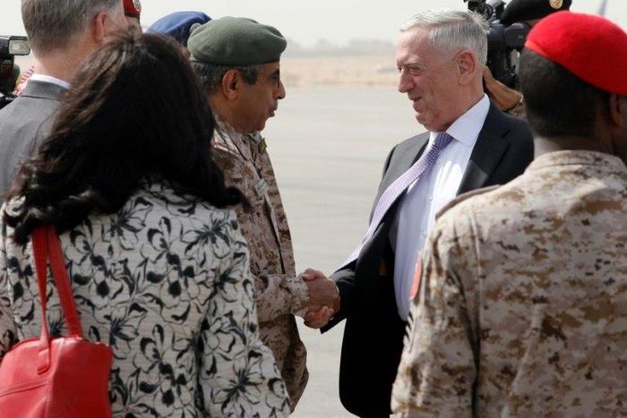 Saudi General Abdul Rahman Al Banyan welcomes US Defense Secretary James Mattis on his arrival in Riyadh on April 18, 2017 at the start of a visit seeking to reinvigorate the US alliance with Saudi Arabia, with both seeing a common adversary in Iran