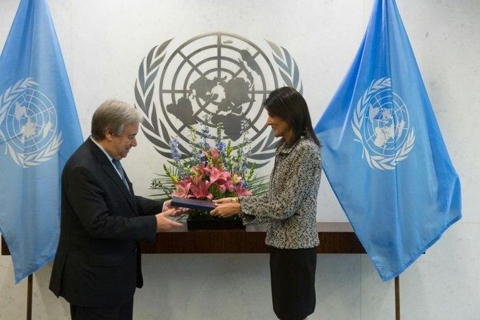 New US Ambassador to the United Nations Nikki Haley hands her credentials to UN Secretary-General Antonio Guterres