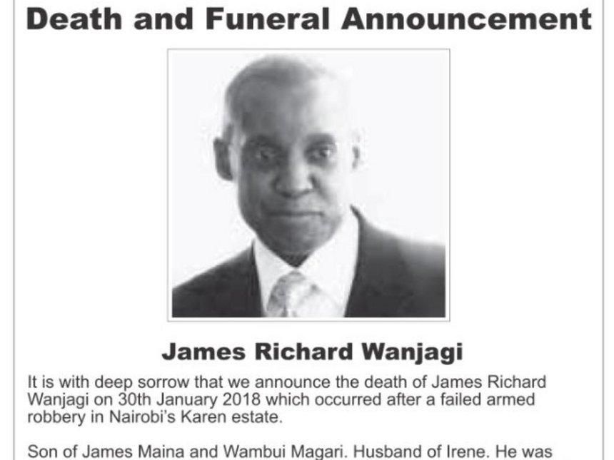 Screenshot of the funeral announcment of James Wanjagi as published in the Daily Nation