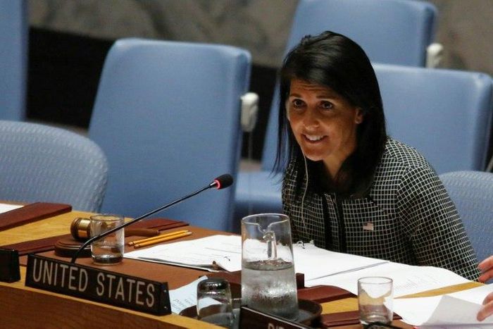 US Ambassador to the UN Nikki Haley speaks as she attends a UN Security Council meeting on the situation in the Middle East on April 12, 2017 at UN headquarters in New York