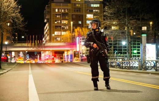 A police officer stands guard near a cordened off area in central Oslo on late April 8, 2017, following the discovery of a 'bomb-like device'