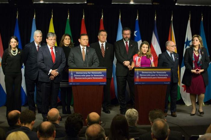 Canadian Minister of Foreign Affairs Chrystia Freeland, center-right, speaks during the press conference for the 10th Lima Group meeting in Ottawa on February 4, 2019