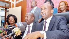 Leader of majority in parliament Aden Duale (right) alongside Tiaty MP Asman Kamama and other Jubilee parliamentarians during a past press conference.