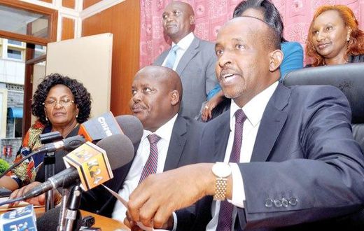 Leader of majority in parliament Aden Duale (right) alongside Tiaty MP Asman Kamama and other Jubilee parliamentarians during a past press conference.