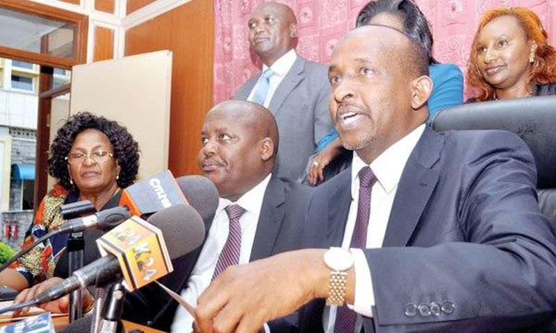 Leader of majority in parliament Aden Duale (right) alongside Tiaty MP Asman Kamama and other Jubilee parliamentarians during a past press conference.