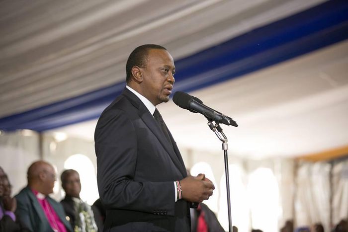 President Uhuru Kenyatta addressing mourners at the funeral of The Very Rev Dr Gatu in Karen, Nairobi.
