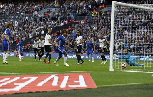 Eden Hazard (2L) scores Chelsea's crucial third goal in their FA Cup semi-final victory over Tottenham Hotspur at Wembley stadium