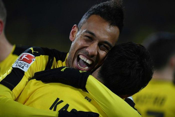 Dortmund's Gabonese forward Pierre-Emerick Aubameyang celebrates scoring the opening goal against Ingolstadt in Dortmund, western Germany on March 17, 2017