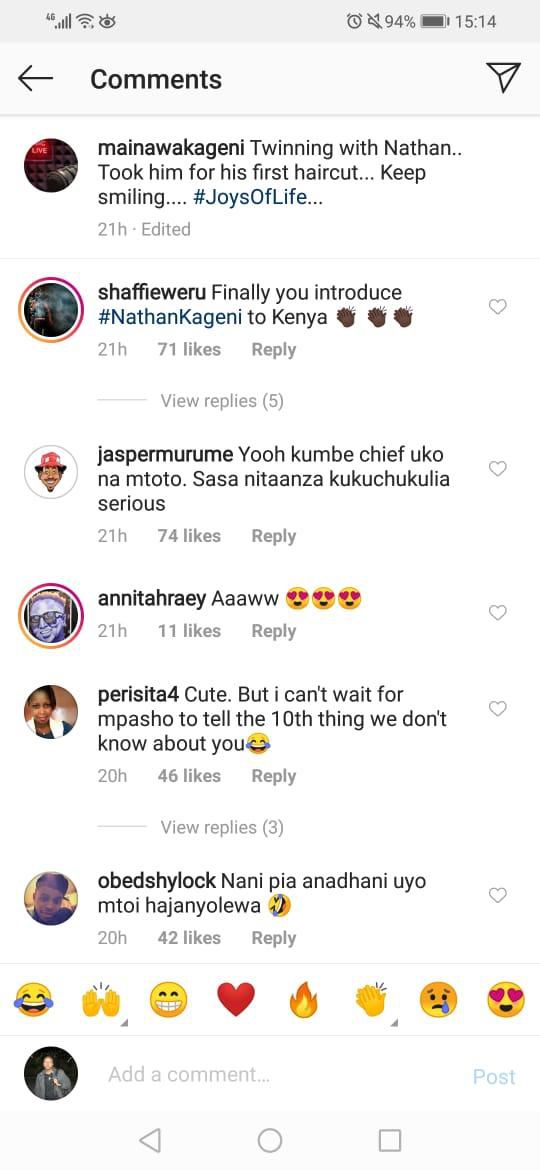 Comments shared on Maina's post with Nathan Kageni, including Shaffie Weru's remark (Instagram)